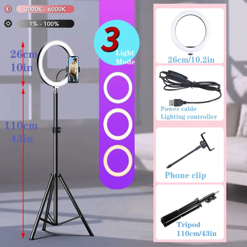 10 "LED Selfie anneau lumière cercle lumière de remplissage réglable lampe ronde trépied Trepied maquillage photographie RingLight support de support de téléphone