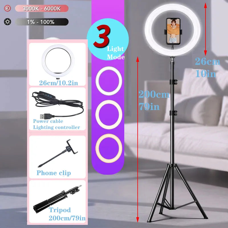 10 "LED Selfie anneau lumière cercle lumière de remplissage réglable lampe ronde trépied Trepied maquillage photographie RingLight support de support de téléphone