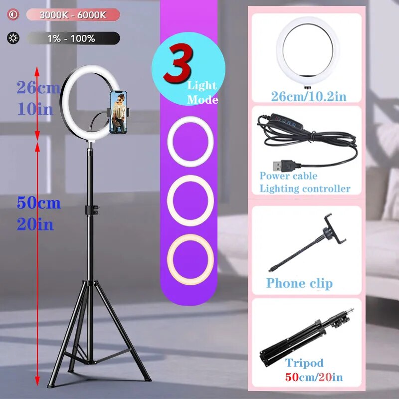 10 "LED Selfie anneau lumière cercle lumière de remplissage réglable lampe ronde trépied Trepied maquillage photographie RingLight support de support de téléphone