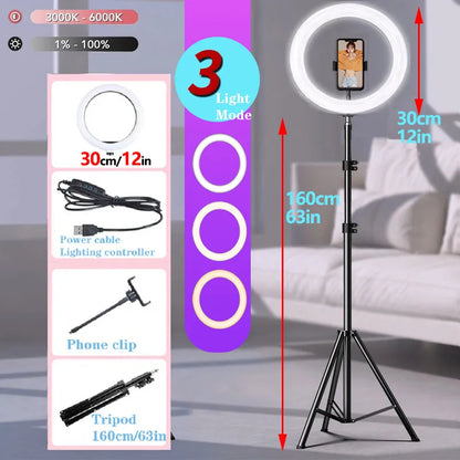 10 "LED Selfie anneau lumière cercle lumière de remplissage réglable lampe ronde trépied Trepied maquillage photographie RingLight support de support de téléphone