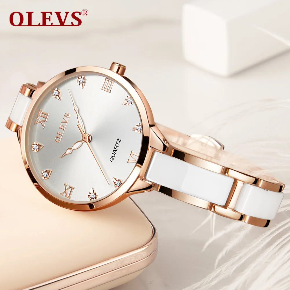 OLEVS – montre de luxe à Quartz pour femmes, marque originale, étanche, bracelet en céramique, blanc, cadeau à la mode, 2022