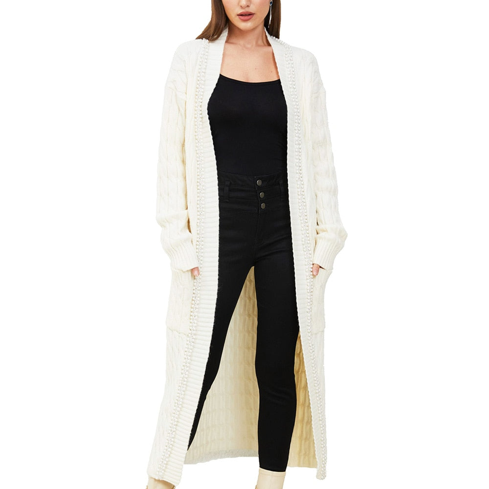 Amandina Luxe Perle Garni décontracté Coupe Ample Lounge Wear Long Maxi Tricot Femmes Cardigan