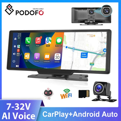 Podofo – miroir de voiture 10.26 pouces, enregistrement vidéo, moniteur Carplay sans fil, tableau de bord automatique Android DVR, lecteur multimédia automobile