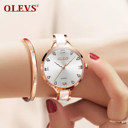 OLEVS – montre de luxe à Quartz pour femmes, marque originale, étanche, bracelet en céramique, blanc, cadeau à la mode, 2022