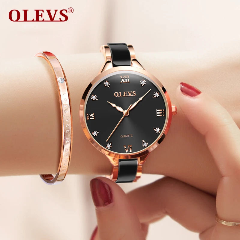 OLEVS – montre de luxe à Quartz pour femmes, marque originale, étanche, bracelet en céramique, blanc, cadeau à la mode, 2022